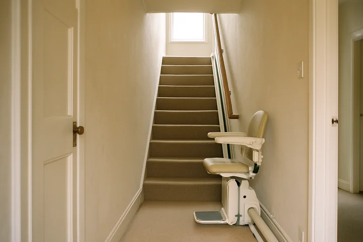 A straight staircase with a stairlift fitted to one wall